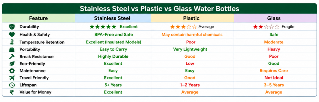 Stainless steel vs plastic vs glass water bottle comparison chart